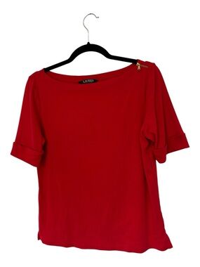 Ralph Lauren Red Boatneck Short Sleeve Top with Shoulder Zip
